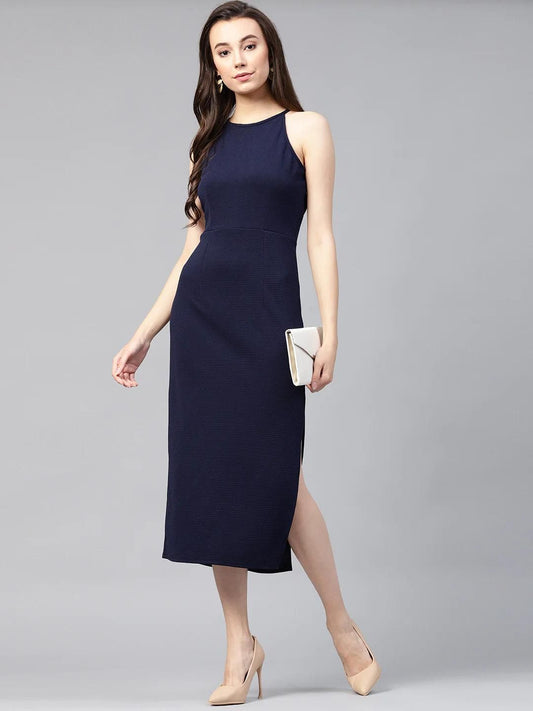 PANNKH Solid Navy Blue Incut Fitted Midi Dress