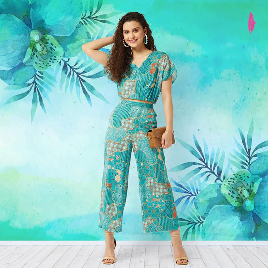 PANNKH Green Printed Loose Overlap Top and Pant Set