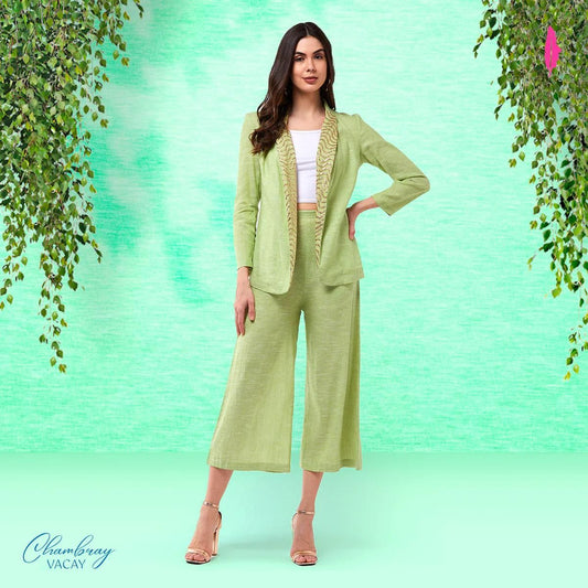 PANNKH Green Solid Pastel Blazer And Pant Set