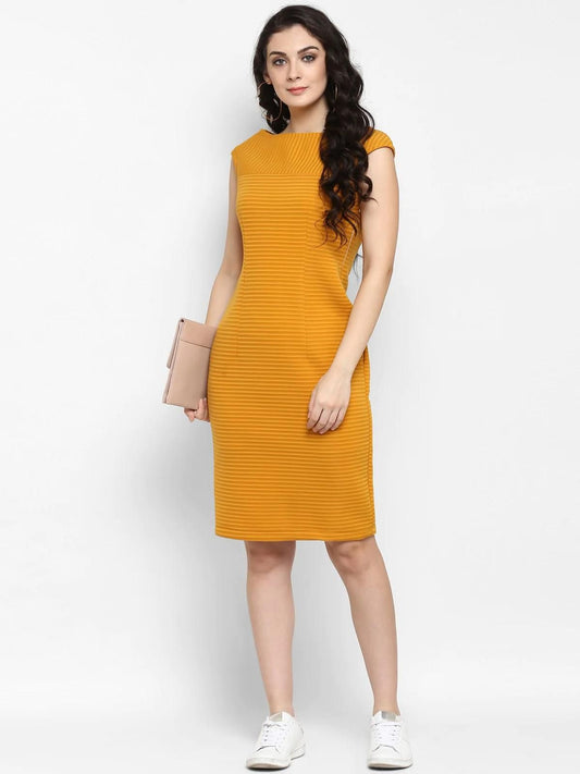 PANNKH Solid Mustard Self Striped Dress With Cap Sleeves