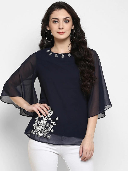 PANNKH Navy Blue Embroidered Sheer Top