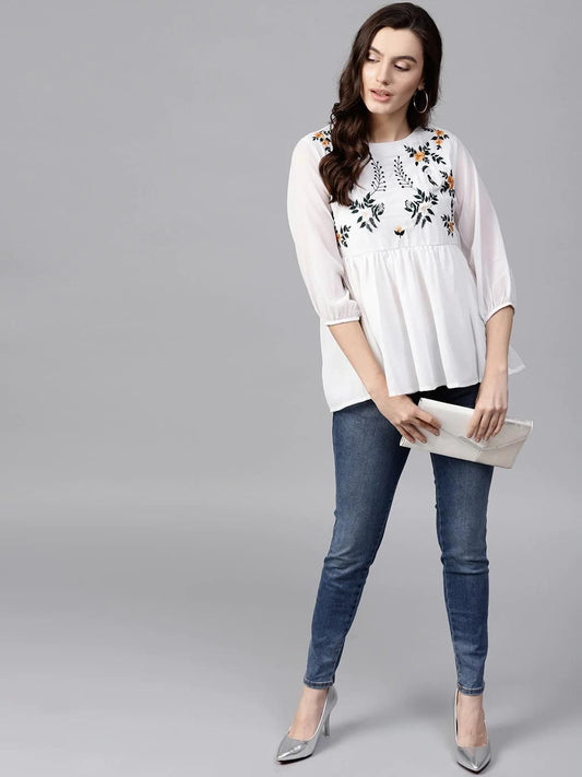 PANNKH White Floral Embroidered Sheer Top