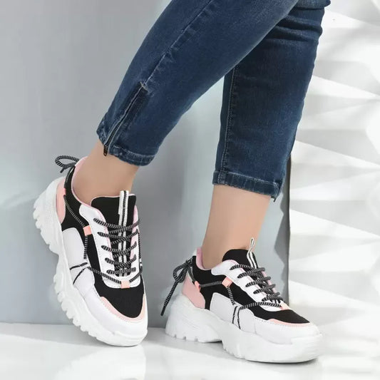 Black-Pink Synthetic Leather Sneakers Shoes