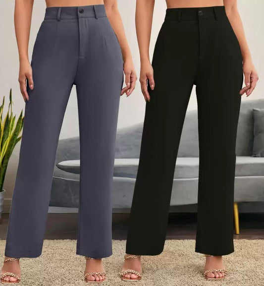 Elegant Grey & Black Lycra Solid Trousers Combo