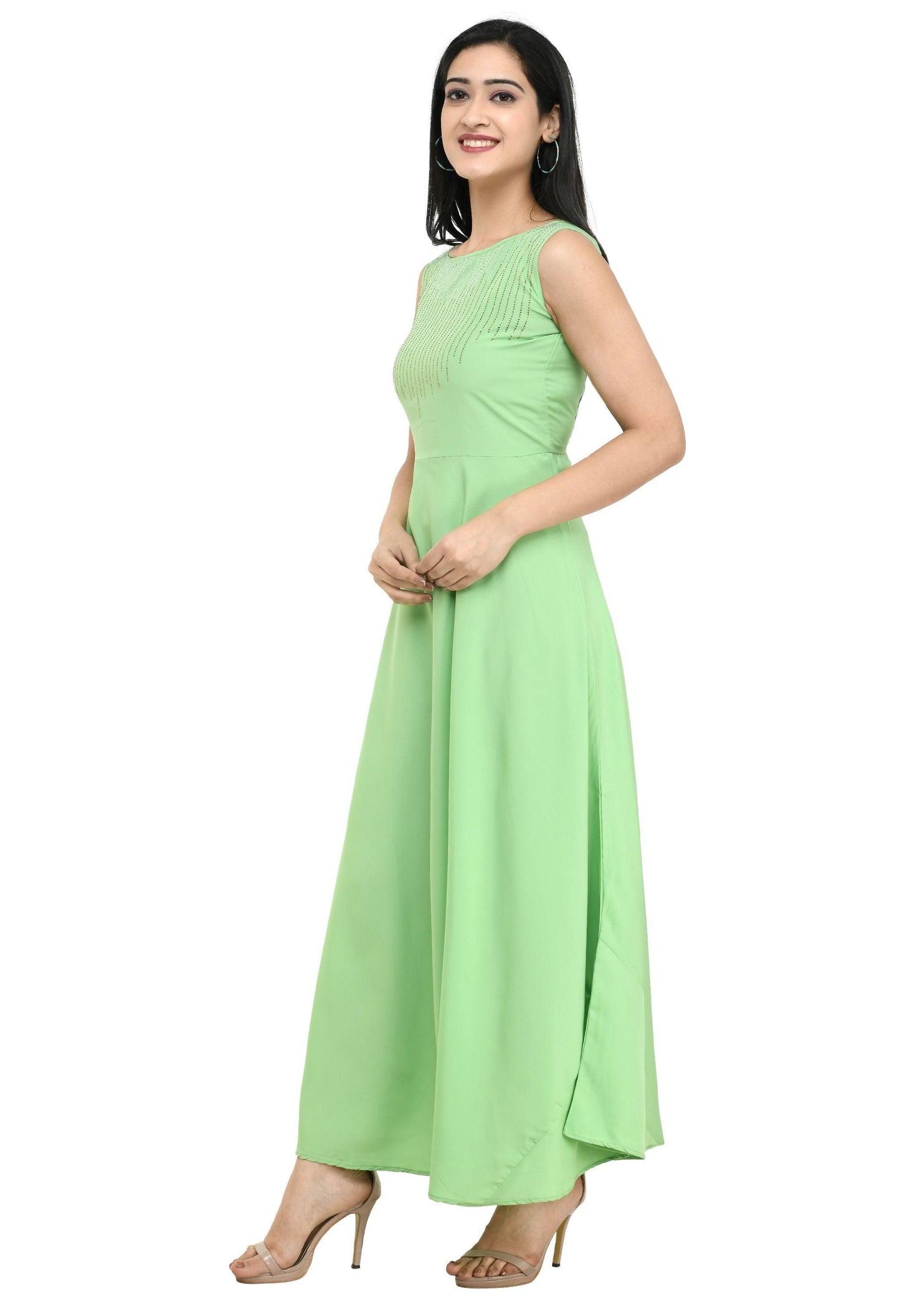 Oceanista Women's Crepe Embellished Partywear Pista Green Maxi Dress