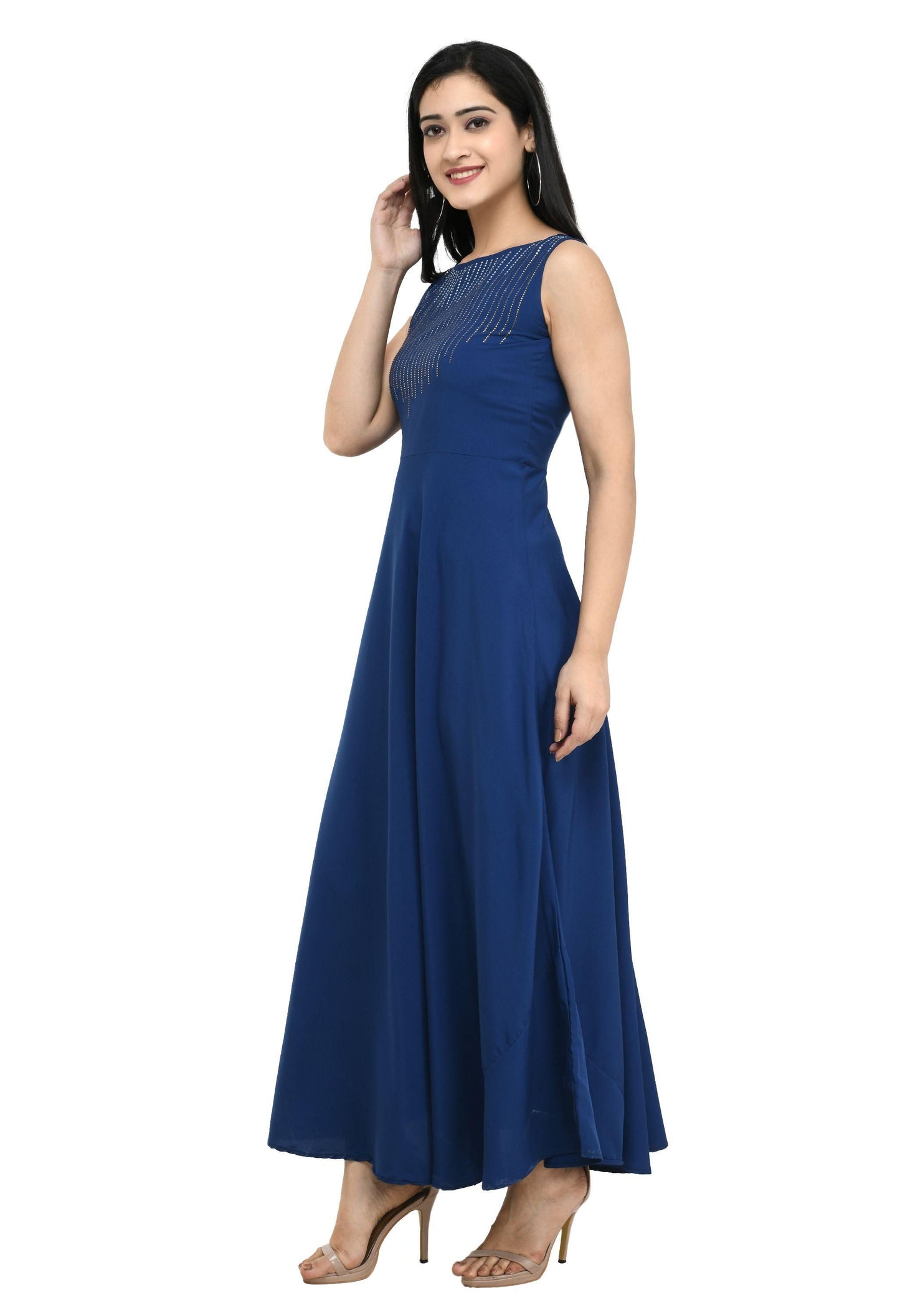 Oceanista Women's Crepe Embellished Partywear Navy Blue Maxi Dress